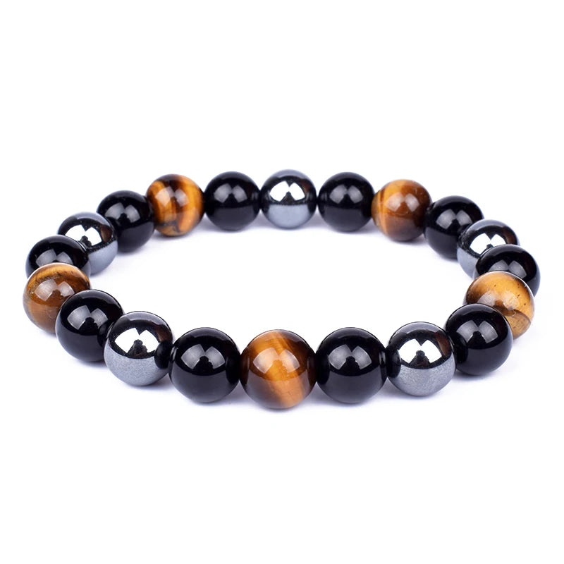 "Force Triple" Bracelet Œil de Tigre, Hématite et Obsidienne : protection, équilibre et énergie