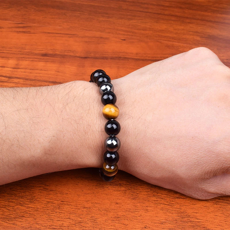 "Force Triple" Bracelet Œil de Tigre, Hématite et Obsidienne : protection, équilibre et énergie